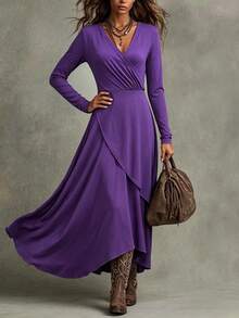 Trelyra Women's Fashion Overlap V-Neck Long Sleeve Elegant Dress - Purple - View 5