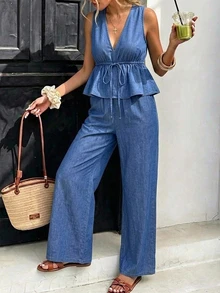 Serisse Women's Solid Color Pleated V-Neck Top And Long Pants Casual Daily 2 Pieces Set - Medium Wash - View 5