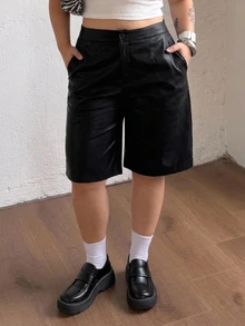 Dazy Plus Solid Color Versatile Oversized Street Casual PU Leather Black Shorts - Black - View 6