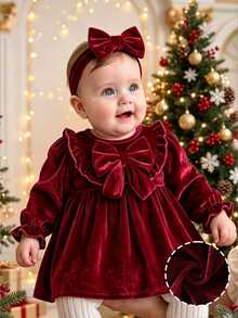 SHEIN Newborn Baby Girls Velvet Tutu Dress Sweet Elegant Burgundy Dress Big Bow Ruffle Solid Long Sleeve Thick Christmas Fall Winter Ballet Fuzzy Plush - Burgundy - View 3
