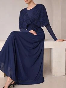 Graceveil Navy Blue Lace Twisted Shawl Style 2 In 1 Long Sleeve Evening Gown - Royal Blue - View 1