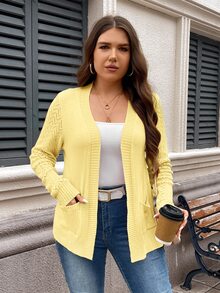 SHEIN LUNE 大尺碼女款休閒百搭純色藍色針織開襟衫，修身弧形剪裁，秋冬款 - 淡黃色 - 查看 5