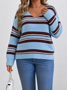 EMERY ROSE Lazy V-Neck Colorblock Striped Casual Versatile Knit Sweater Top - Multicolor - View 4
