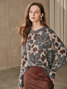 Anewsta Sweater Pullover Rajut Jacquard Abu-abu Wanita, Longgar dan Nyaman, Musim Dingin - MultiWarna - View 5