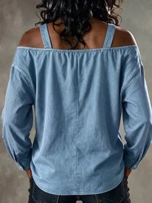 SHEIN LUNE Atasan Lengan Panjang Wanita Ukuran Plus dengan Motif Cetak dan Desain Bahu Terbuka, Atasan Kasual Longgar dengan Desain Bahu Terbuka. - Biru - View 2