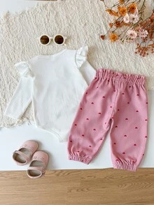 SHEIN Vintaside Kids 2件組 粉色女嬰甜心蝴蝶結紙袋腰傘狀袖連身衣褲套裝 秋季 - 粉色 - 查看 2