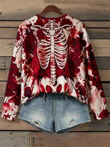 EMERY ROSE Plus Size Women's Vintage Dark Gothic Ribcage Skull & Death Rose All-Over Print Halloween Punk Party Regular Fit Loose Crew Neck Long Sleeve T-Shirt - Multicolor - View 2
