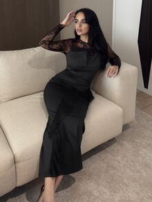 Modelyn Women's Elegant Commute Lace Patchwork Ruffle Long Dress - Black - View 3