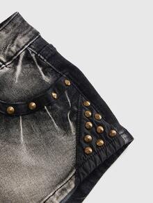 ROMWE Grunge Punk Celana Pendek Denim Hitam & Abu-abu Wanita, Gaya Street Punk dengan Hiasan Paku Keling, Vintage Retro, Dapat Dipersonalisasi - Hitam - View 3
