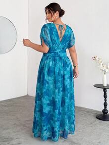 Firerie Women's New Elegant Vacation Commute Casual French Romantic Cross Pleated Batwing Sleeve Cinched Waist Umbrella Hem Long Dress, Umbrella Hem Long Dress, Elegant Romantic Long Dress, V-Neck Long Dress, Sexy Daily Elegant Commute Women's Long Dress, Spring/Summer Clothing, Elegant, Commute, Date, Party Dress, Graduation Dress, Wedding Guest Dress, Ball Gown, Formal Occasion - Blue - View 3