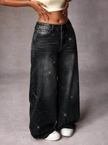 Jeanoix Plus Size Women's Pocket Rhinestone Wide Leg Loose Casual Denim Jeans - Black - View 6