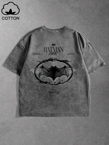 BATMAN X SHEIN Manfinity EMRG 男士蝙蝠圖案休閒日常穿著短袖T恤 - 灰色 - 查看 2