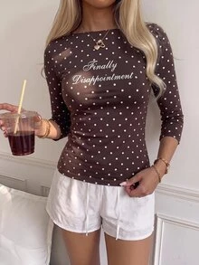 SHEIN EZwear 休閒極簡風 95% 棉性感露肩波點標語短袖 T 恤，適合春夏，春夏服飾搭配，奶油黃條紋顯白，夏季上衣，適合日常通勤、約會、聚會，秋冬春夏、聖誕節、新年、感恩節、派對、婚禮、海灘、畢業典禮，時尚 - 彩色 - 查看 6