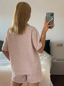DAZY 女款波點印花上衣與短褲睡衣套裝 - 粉色 - 查看 2