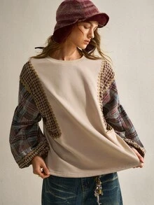 SHEIN Sweatshirt Patchwork Kotak-kotak Bergelombang Warna Aprikot | Kain Katun Nyaman | Model Longgar Vintage | Pakaian untuk Perjalanan Sehari-hari - Coklat - View 5