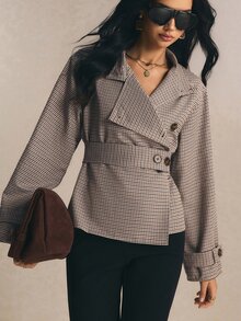 Poéselle 女款秋季休閒格紋風衣外套 - 彩色 - 查看 2