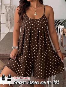 SHEIN CURVE+ Plus Size Casual Vintage Polka Dot Pattern Brown Spaghetti Strap Jumpsuit Suitable For Summer - Multicolor - View 1