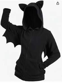 SHEIN CURVE+ Jaket Berkerudung Lengan Kelelawar Kasual Ukuran Besar untuk Musim Gugur, Kostum Halloween Musim Gugur - Hitam - View 1