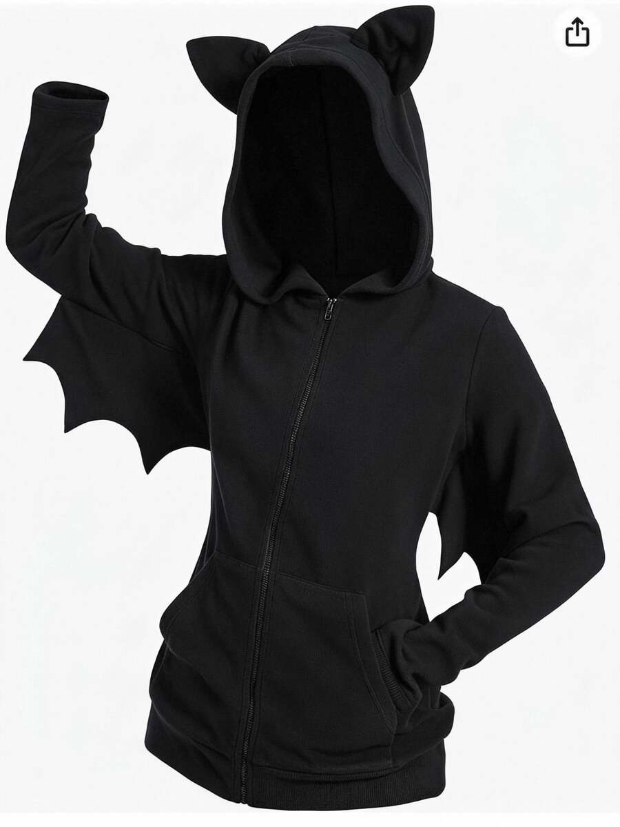 SHEIN CURVE+ Jaket Berkerudung Lengan Kelelawar Kasual Ukuran Besar untuk Musim Gugur, Kostum Halloween Musim Gugur - Hitam - View 1