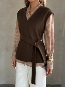 DAZY Fall/ V-Neck Sleeveless Dark Brown Side Belt Metal Buckle Decor Layered Loose Casual Commute Office Business Women's Wool Vest Winter - Brown - View 2