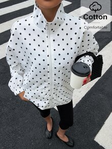 Muchica Women's White Woven Polka Dot Long Sleeve Zip-Up Jacket - Black and White - View 5