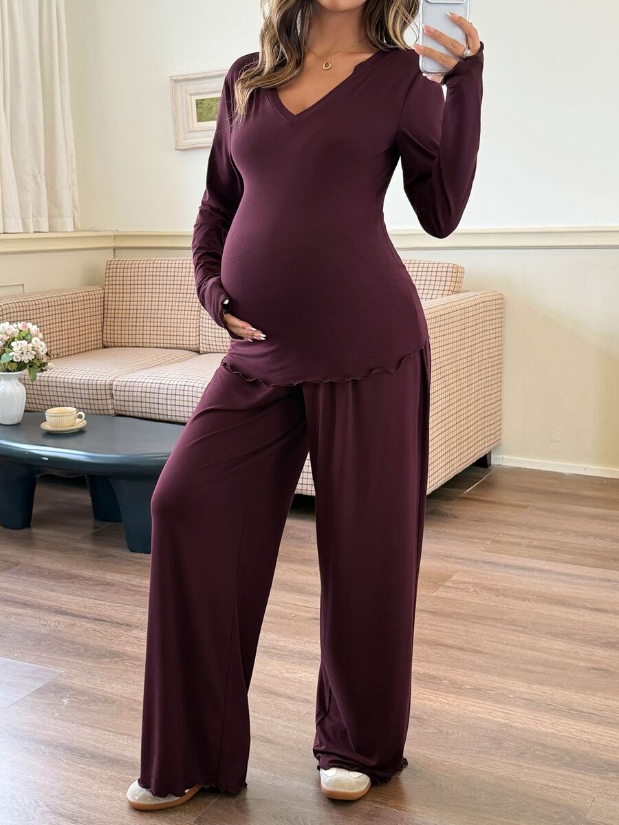 Dazy Maternity Solid Color V-Neck Long Sleeve T-Shirt And Straight Leg Pants Casual Loungewear Daily Spring Autumn Maternity 2 Pieces Set - Burgundy - View 1