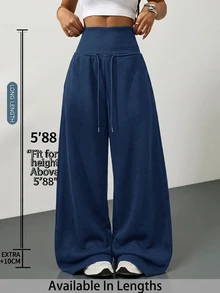 SHEIN Tall CURVE 大尺碼高腰灰色針織抓絨抽繩寬鬆運動長褲，適合冬季畢業季、返校季、畢業典禮、教師穿搭及其他場合，秋季返校季女款寬腿運動褲，藍色寬鬆舒適長褲 - 藍色 - 查看 3