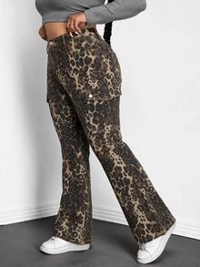 Jeanoix Plus Size Women's Leopard Print Cargo Pocket Casual Flare Jeans - Multicolor - View 1