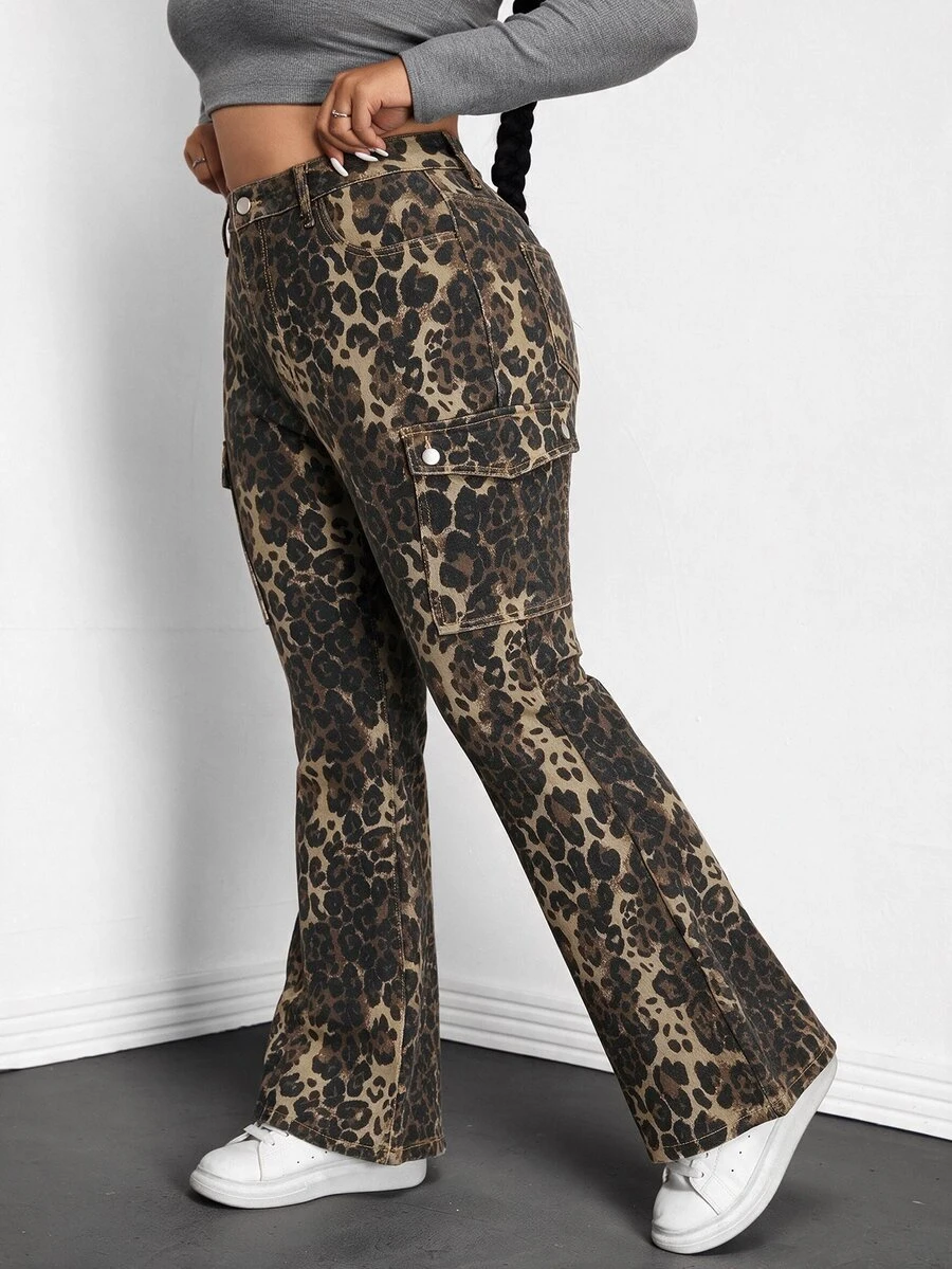 Jeanoix Plus Size Women's Leopard Print Cargo Pocket Casual Flare Jeans - Multicolor - View 1