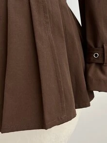 Elamini Women's Coffee Brown Double-Breasted Pleated Hem Trench Coat - Coffee Brown - View 7