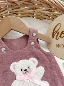 SHEIN 新生女嬰可愛百搭休閒卡通熊圖案洋裝 - 藕粉色 - 查看 4