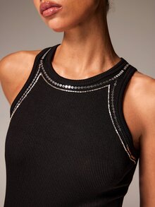 Athîral 女款休閒亮面刺繡亮片圓領無袖黑色背心，適合日常穿著、派對，四季皆宜 - 黑色 - 查看 2