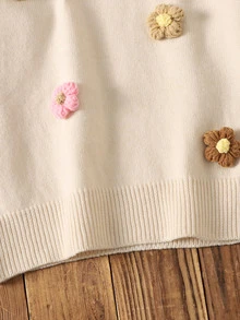 SHEIN Kids Tween Girl Tween Girls Tween Girl Apricot Pullover Knit Sweater, 3D Floral , Suitable For Autumn/Winter, Back To School, And Other Occasions - Apricot - View 4