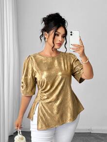 Elenzga Plus Size Women's Elegant Exquisite Gold-Tone Petal Sleeve Side Twist Ruched Slit Pearl Decor Woven Short Sleeve Blouse, Versatile For Daily Wear And Multiple Occasions - Gold - View 5
