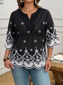 SHEIN LUNE 大尺碼法式復古刺繡襯衫，適合約會與外出穿著 - 黑與白 - 查看 1