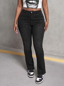 Slaydiva Plus Size Women's High Waist Skinny Denim Jeans With Speckled Rhinestone Embellishment, Black - Black - View 6