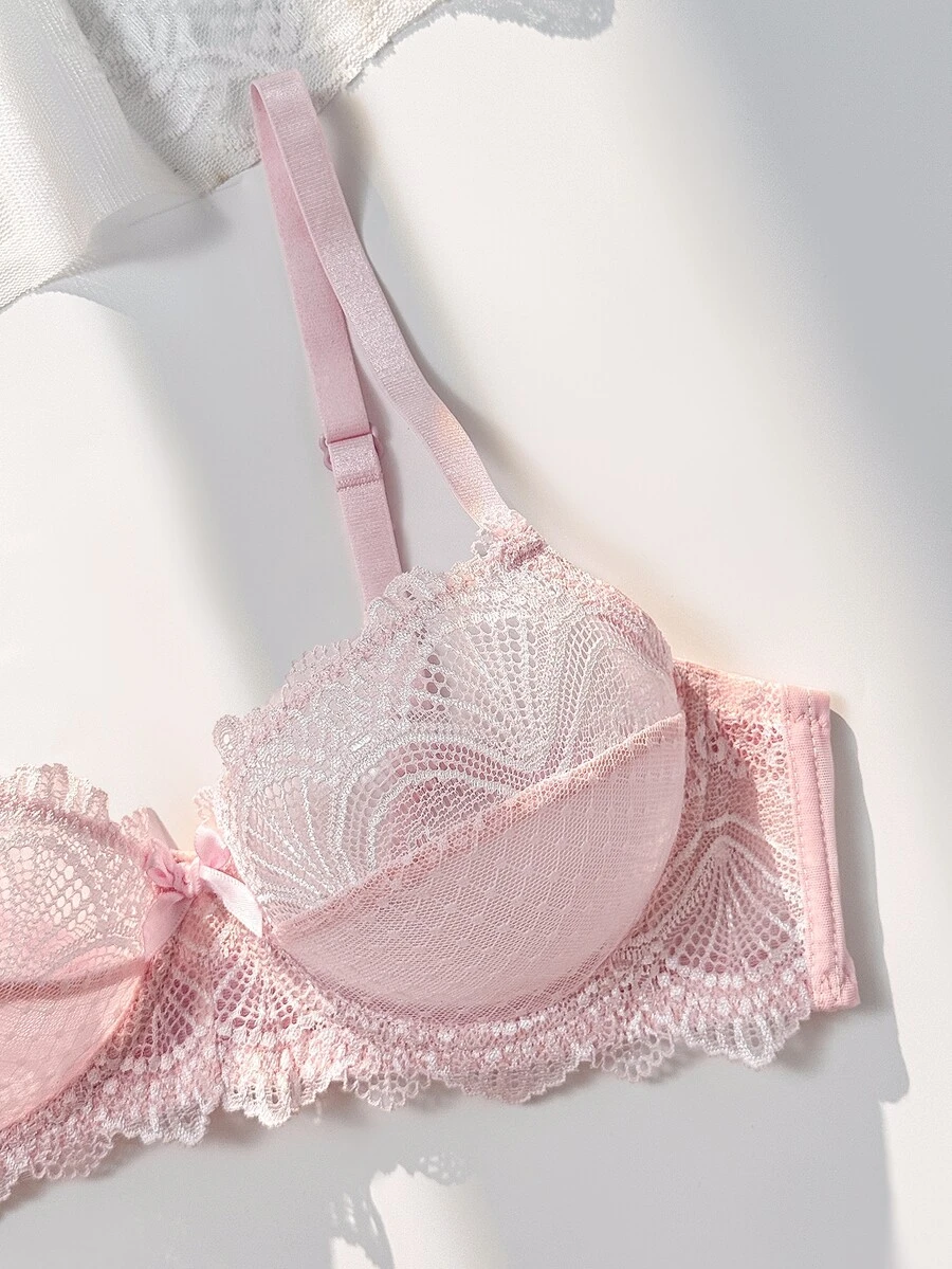 PetitDoll Sweet Cute Girl Lace Patchwork Polka Dot Mesh Underwire Bra, 1pc - Baby Pink - View 1