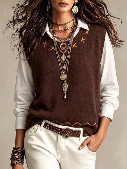 SHEIN Women's New Autumn/Winter Round Neck Knit Sleeveless Vest, Brown And Orange Color Block, Suitable For Halloween, Women's Casual Daily Knit Vest