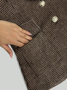 SHEIN Women's Vintage Velvet Houndstooth Lapel Single-Breasted Blazer, Contrast Color Design, Versatile Jacket For Spring, Autumn, Winter, Suitable For Office, Commuting And Other Occasions - Khaki - View 4