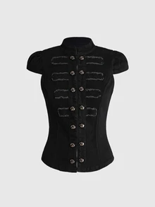 ROMWE Grunge Punk Punk Metal Power Napoleon Button Design Small Stand Collar Fitted Denim Top - Black - View 1