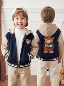 PrepCrw Young Boy Colorblock Bear Print Back Zipper Hooded Jacket - Multicolor - View 8