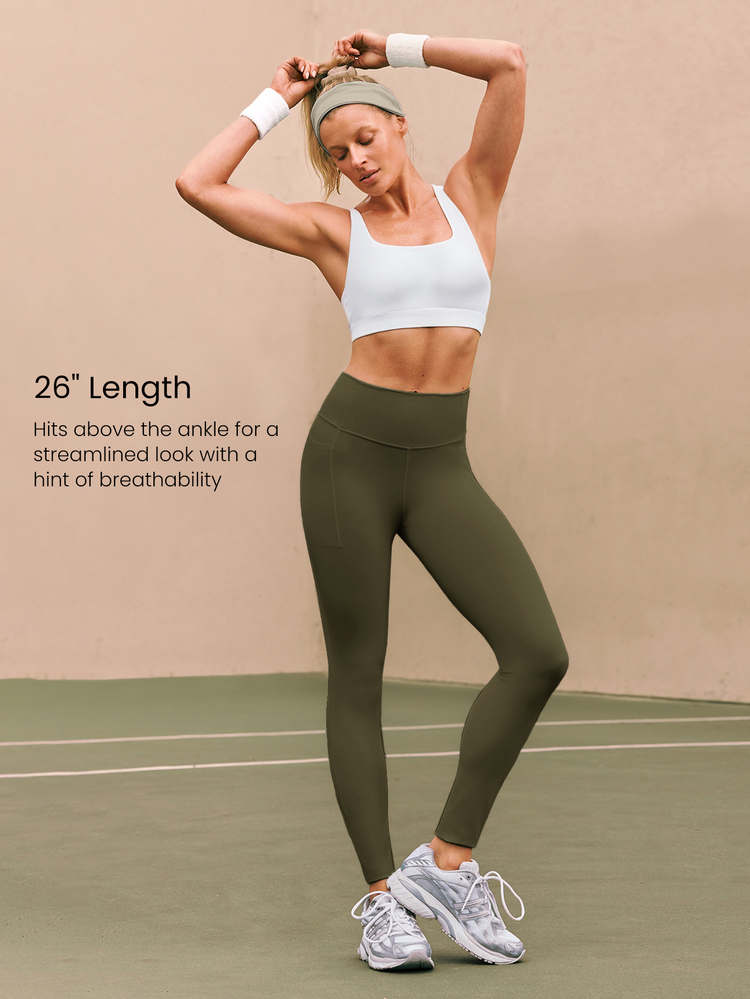 GLOWMODE 26" Powersculpt™ Sweat-Wicking Quick-Dry Invisible Lifting Side Pockets Compression Leggings High Impact Training Workout Gym Running Active Wear - Army Green - View 3