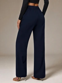 SHEIN PETITE Women's Solid Color Casual Versatile Daily Wear Suit Pants - Navy Blue - View 2