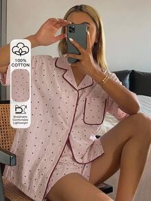 DAZY 女款波點印花上衣與短褲睡衣套裝 - 粉色 - 查看 1