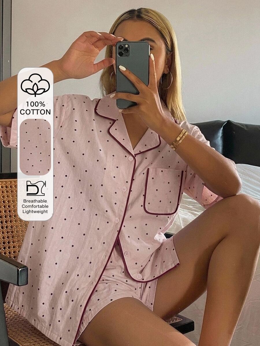 DAZY 女款波點印花上衣與短褲睡衣套裝 - 粉色 - 查看 1
