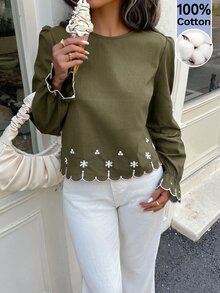 Serisse Women's Casual Floral Embroidered Shirt, Fall Brunch Green Floral - Army Green - View 6