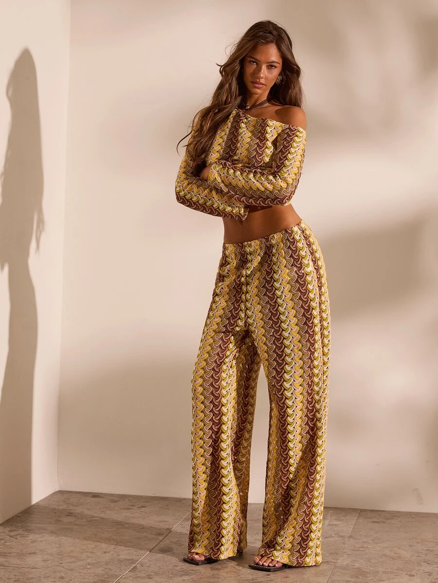 Opulessa Women's Sexy Jacquard Asymmetric Neck Cropped Top And Long Pants 2 Pieces Set - Yellow - View 1