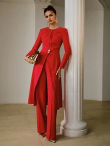 ZEYLAH Fashionable Elegant Commute Solid Color High Waist Straight Leg Pants - Red - View 5