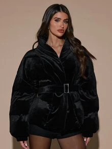 SHEIN BAE Winter Fashion Versatile Belted Warm Jacket - Black - View 5