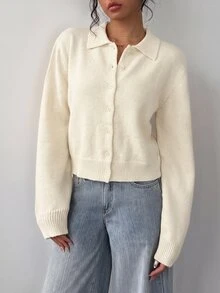 SHEIN BASICS Cardigan Rajut Lengan Panjang Kancing Serbaguna Gaya Lembut untuk Wanita - Aprikot - View 8